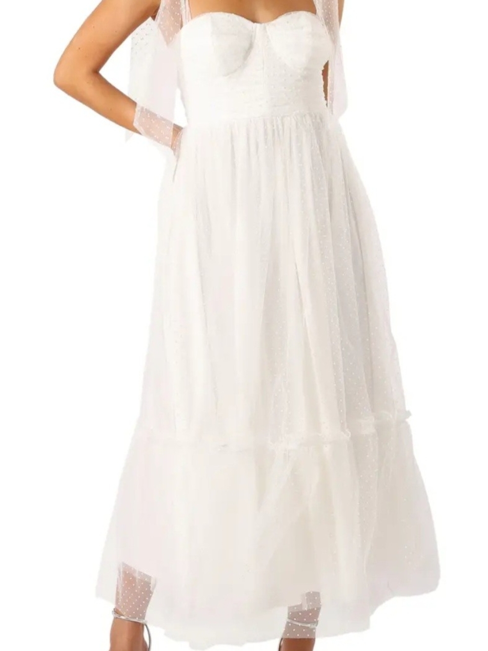 Petal & Pup White Ribbon Tie Strap Tulle Maxi Dress